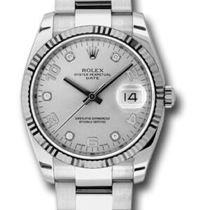 Rolex Date 34 Watch - Fluted Bezel - Silver Five Diamond Dial - 115234 sdo
