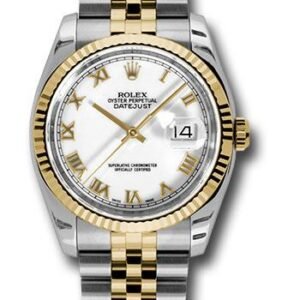 Rolex Steel and Yellow Gold Rolesor Datejust 36 Watch - Fluted Bezel - White Roman Dial - Jubilee Bracelet - 116233 wrj