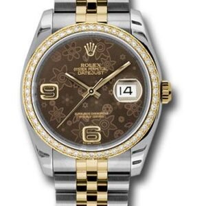 Rolex Steel and Yellow Gold Rolesor Datejust 36 Watch - 52 Brilliant-Cut Diamond Bezel - Brown Floral Arabic Dial - Jubilee Bracelet - 116243 brfaj