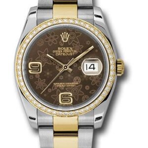 Rolex Steel and Yellow Gold Rolesor Datejust 36 Watch - 52 Diamond Bezel - Brown Floral Arabic Dial - Oyster Bracelet - 116243  brfao