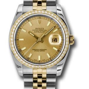 Rolex Steel and Yellow Gold Rolesor Datejust 36 Watch - 52 Brilliant-Cut Diamond Bezel - Champagne Index Dial - Jubilee Bracelet - 116243 chij