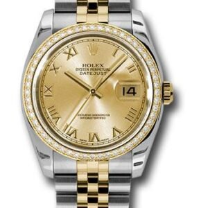 Rolex Steel and Yellow Gold Rolesor Datejust 36 Watch - 52 Brilliant-Cut Diamond Bezel - Champagne Roman Dial - Jubilee Bracelet - 116243 chrj