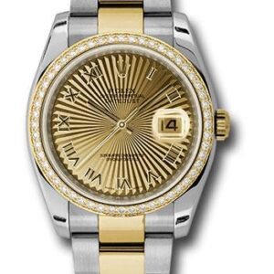 Rolex Steel and Yellow Gold Rolesor Datejust 36 Watch - 52 Diamond Bezel - Champagne Sunbeam Roman Dial - Oyster Bracelet - 116243 chsbro