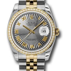 Rolex Steel and Yellow Gold Rolesor Datejust 36 Watch - 52 Brilliant-Cut Diamond Bezel - Grey Sunbeam Roman Dial - Jubilee Bracelet - 116243 gsbrj