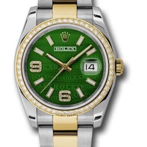 Rolex Steel and Yellow Gold Rolesor Datejust 36 Watch - 52 Diamond Bezel - Green Wave Diamond Arabic 6 And 9 Dial - Oyster Bracelet - 116243 gwdao
