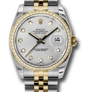 Rolex Steel and Yellow Gold Rolesor Datejust 36 Watch - 52 Brilliant-Cut Diamond Bezel - Silver Diamond Dial - Jubilee Bracelet - 116243 sdj