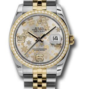 Rolex Steel and Yellow Gold Rolesor Datejust 36 Watch - 52 Brilliant-Cut Diamond Bezel - Silver Floral Arabic Dial - Jubilee Bracelet - 116243 sfaj