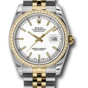 Rolex Steel and Yellow Gold Rolesor Datejust 36 Watch - 52 Brilliant-Cut Diamond Bezel - White Index Dial - Jubilee Bracelet - 116243 wij