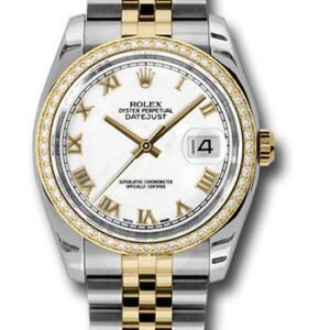 Rolex Steel and Yellow Gold Rolesor Datejust 36 Watch - 52 Brilliant-Cut Diamond Bezel - White Roman Dial - Jubilee Bracelet - 116243 wrj