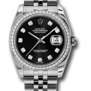 Rolex Steel and White Gold Datejust 36 Watch - 52 Diamond Bezel - Black Diamond Dial - Jubilee Bracelet - 116244 bkdj