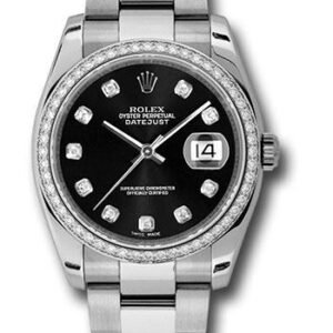 Rolex Steel and White Gold Datejust 36 Watch - 52 Diamond Bezel - Black Diamond Dial - Oyster Bracelet - 116244 bkdo