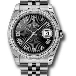 Rolex Steel and White Gold Datejust 36 Watch - 52 Diamond Bezel - Black Sunbeam Roman Dial - Jubilee Bracelet - 116244 bksbrj