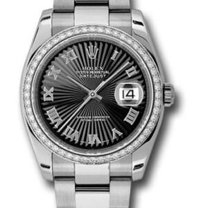 Rolex Steel and White Gold Datejust 36 Watch - 52 Diamond Bezel - Black Sunbeam Roman Dial - Oyster Bracelet - 116244 bksbro