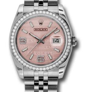 Rolex Steel and White Gold Datejust 36 Watch - 52 Diamond Bezel - Pink Wave Diamond 6 And 9 Arabic Dial - Jubilee Bracelet - 116244  pwdaj