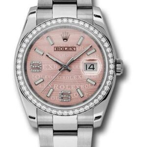 Rolex Steel and White Gold Datejust 36 Watch - 52 Diamond Bezel - Pink Wave Diamond 6 And 9 Arabic Dial - Oyster Bracelet - 116244  pwdao