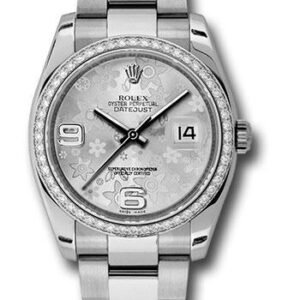 Rolex Steel and White Gold Datejust 36 Watch - 52 Diamond Bezel - Silver Floral Arabic Dial - Oyster Bracelet - 116244  sfao
