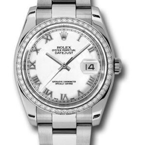 Rolex Steel and White Gold Datejust 36 Watch - 52 Diamond Bezel - White Roman Dial - Oyster Bracelet - 116244 wro