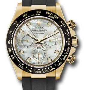 Rolex Yellow Gold Cosmograph Daytona 40 Watch - White Mother-Of-Pearl Diamond Dial - Black Oysterflex Strap - 116518LN mdof