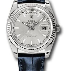 Rolex White Gold Day-Date 36 Watch - Fluted Bezel - Silver Index Dial - Blue Leather - 118139 sibl
