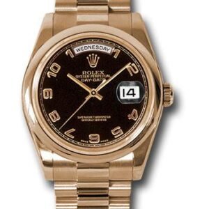 Rolex Pink Gold Day-Date 36 Watch - Domed Bezel - Black Arabic Dial - President Bracelet - 118205 bkap