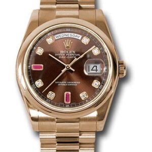 Rolex Everose Gold Day-Date 36 Watch - Domed Bezel - Chocolate Diamond And Ruby Dial - President Bracelet - 118205 chodrp