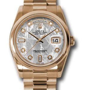 Rolex Pink Gold Day-Date 36 Watch - Domed Bezel - Meteorite Diamond Dial - President Bracelet - 118205 mtdp
