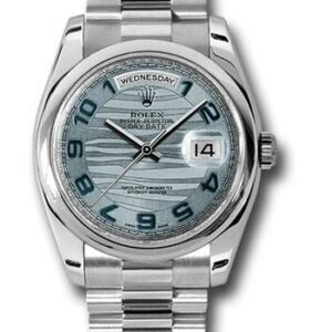 Rolex Platinum Day-Date 36 Watch - Domed Bezel - Ice Blue Wave Arabic Dial - President Bracelet - 118206 glawap