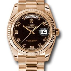 Rolex Pink Gold Day-Date 36 Watch - Fluted Bezel - Black Arabic Dial - President Bracelet - 118235 bkap