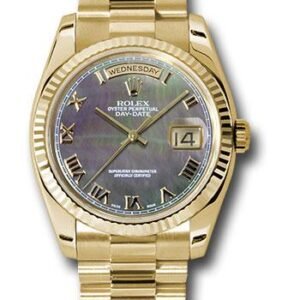 Rolex Yellow Gold Day-Date 36 Watch - Fluted Bezel - Dark Mother-Of-Pearl Roman Dial - President Bracelet - 118238 dkmrp