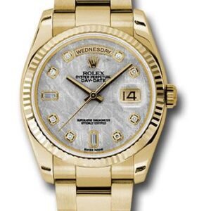 Rolex Yellow Gold Day-Date 36 Watch - Fluted Bezel - Meteorite Diamond Dial - Oyster Bracelet - 118238 mtdo