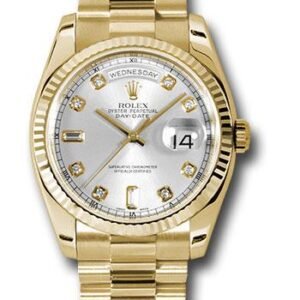 Rolex Yellow Gold Day-Date 36 Watch - Fluted Bezel - Silver Diamond Dial - President Bracelet - 118238 sdp