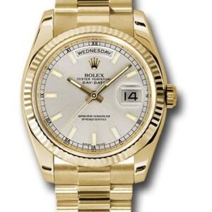 Rolex Yellow Gold Day-Date 36 Watch - Fluted Bezel - Silver Index Dial - President Bracelet - 118238 sip