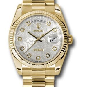 Rolex Yellow Gold Day-Date 36 Watch - Fluted Bezel - Silver Jubilee Diamond Dial - President Bracelet - 118238 sjdp