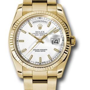 Rolex Yellow Gold Day-Date 36 Watch - Fluted Bezel - White Index Dial - Oyster Bracelet - 118238 wso