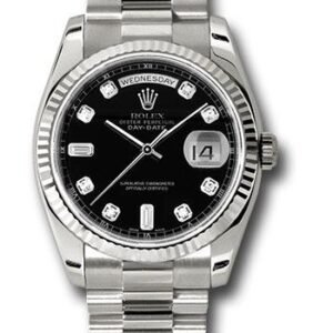 Rolex White Gold Day-Date 36 Watch - Fluted Bezel - Black Diamond Dial - President Bracelet - 118239 bkdp