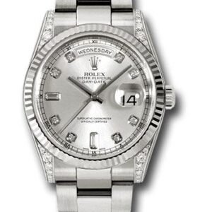 Rolex White Gold Day-Date 36 Watch - Fluted Bezel - Silver Diamond Dial - Oyster Bracelet - 118339 sdo