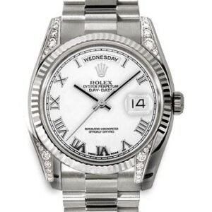 Rolex White Gold Day-Date 36 Watch - Fluted Bezel - White Roman Dial - President Bracelet - 118339 wrp