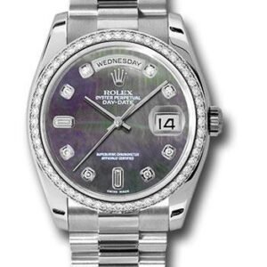 Rolex Platinum Day-Date 36 Watch -  Bezel - Dark Mother-Of-Pearl Diamond Dial - President Bracelet - 118346 dkmdp