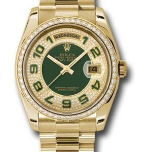Rolex Yellow Gold Day-Date 36 Watch -  Bezel - Pave Edge Green Dial - President Bracelet - 118348 pgap