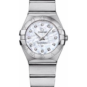 Omega Ladies Constellation Quartz Watch - 24 mm Brushed Steel Case - Mother-Of-Pearl Diamond Dial - 123.10.24.60.55.001