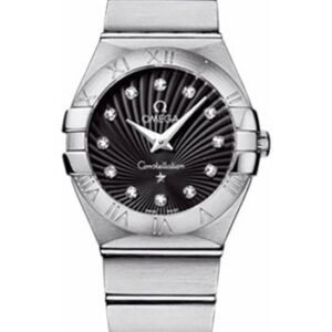 Omega Ladies Constellation Quartz Watch - 27 mm Brushed Steel Case - Black Dial - 123.10.27.60.51.001