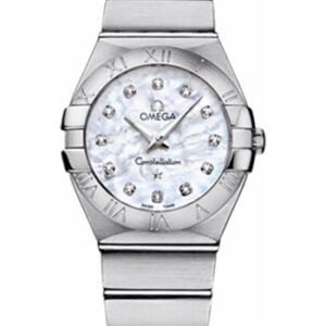 Omega Ladies Constellation Quartz Watch - 27 mm Brushed Steel Case - Mother-Of-Pearl Diamond Dial - 123.10.27.60.55.001