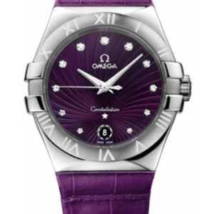 Omega Ladies Constellation Quartz Watch - 35 mm Brushed Steel Case - Purple Diamond Dial - Purple Leather Strap - 123.13.35.60.60.001