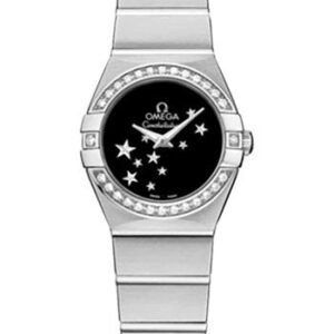 Omega Ladies Constellation Quartz Watch - 24 mm Brushed Steel Case - Diamond Bezel - Black Dial - 123.15.24.60.01.001