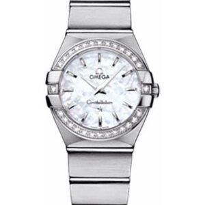 Omega Ladies Constellation Quartz Watch - 24 mm Brushed Steel Case - Diamond Bezel - Mother-Of-Pearl Dial - 123.15.24.60.05.001