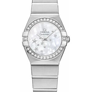 Omega Ladies Constellation Quartz Watch - 24 mm Brushed Steel Case - Diamond Bezel - Mother-Of-Pearl Dial - 123.15.24.60.05.003