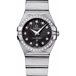 Omega Ladies Constellation Quartz Watch - 24 mm Brushed Steel Case - Diamond Bezel - Black Diamond Dial - 123.15.24.60.51.001
