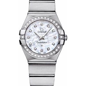 Omega Ladies Constellation Quartz Watch - 24 mm Brushed Steel Case - Diamond Bezel - Mother-Of-Pearl Diamond Dial - 123.15.24.60.55.001