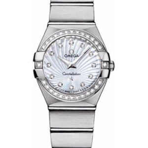 Omega Ladies Constellation Quartz Watch - 24 mm Brushed Steel Case - Diamond Bezel - Mother-Of-Pearl Diamond Dial - 123.15.24.60.55.002