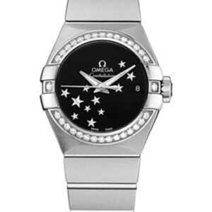 Omega Ladies Constellation Chronometer Watch - 27 mm Brushed Steel Case - Diamond Bezel - Black Dial - 123.15.27.20.01.001